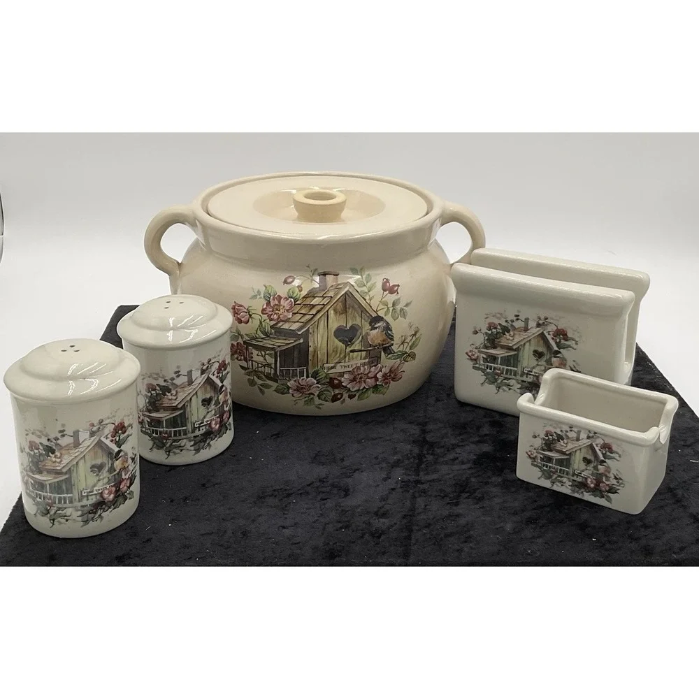 Vintage Country Birdhouse Kitchen Set Large Jar Salt Pepper Napkin Holders 5 Pc